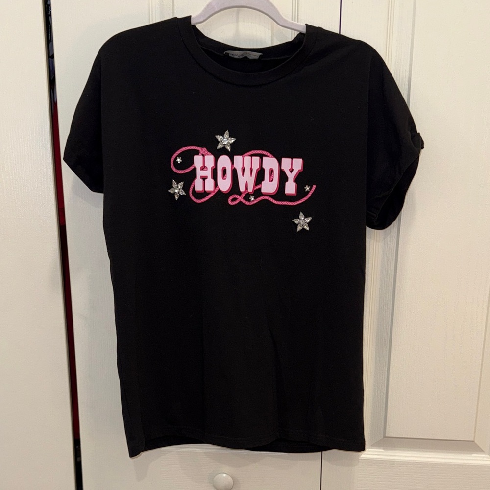 Black Tee with Pink "HOWDY" and Star Embellishments